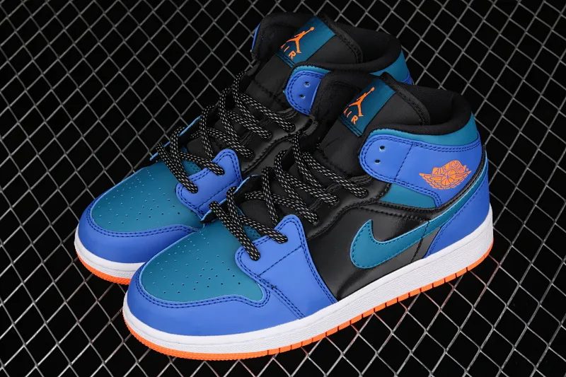 All categories Air Jordan Jordan series basketball shoes Air Jordan 1 Mid Air Jordan 1 Mid AJ1 Joe 1 patent leather black blue orange Zhongbang basketball shoes 554725-440